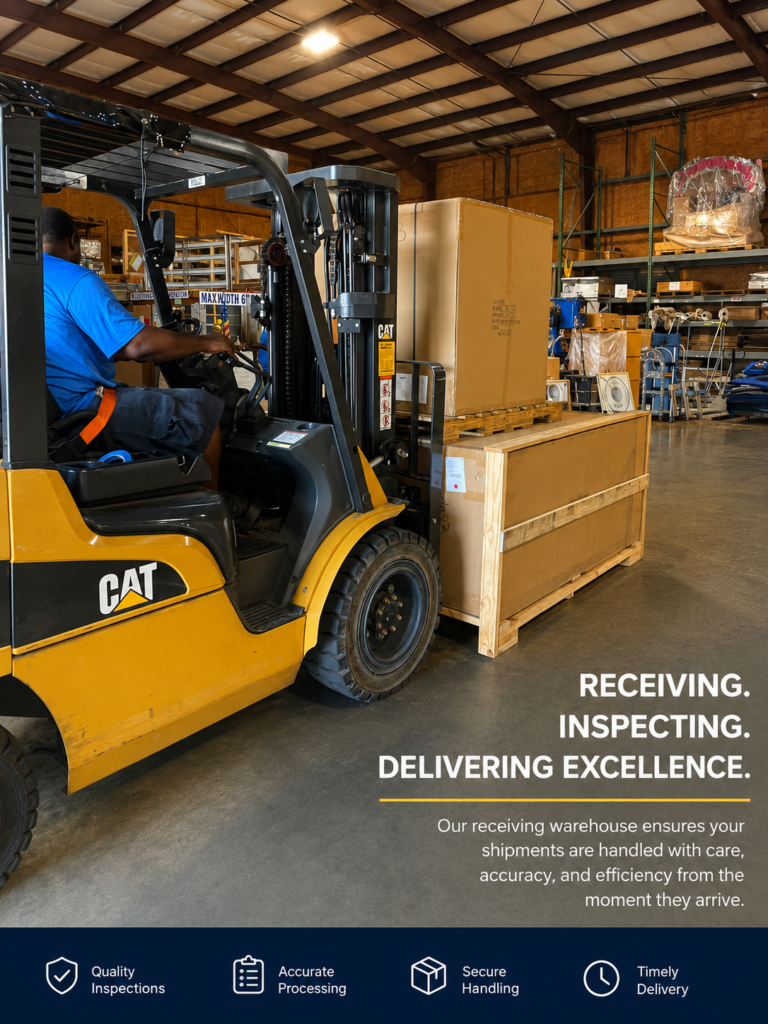 AMWAT Moving Warehousing Storage employee operating a CAT forklift inside a professional receiving warehouse in Tallahassee, Florida, handling crated furniture, fixtures and equipment (FFE) shipments with organized storage and logistics operations.