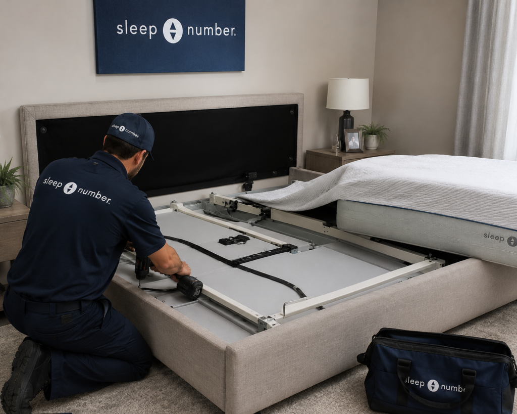 Professional technician disassembling a Sleep Number adjustable bed for relocation and moving services.