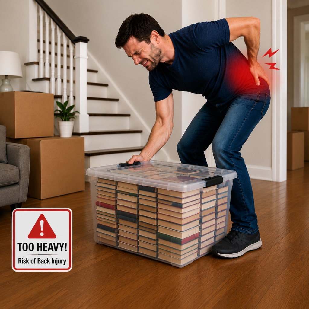Homeowner struggling to lift an overloaded plastic storage tote filled with books demonstrating proper moving safety and packing practices.